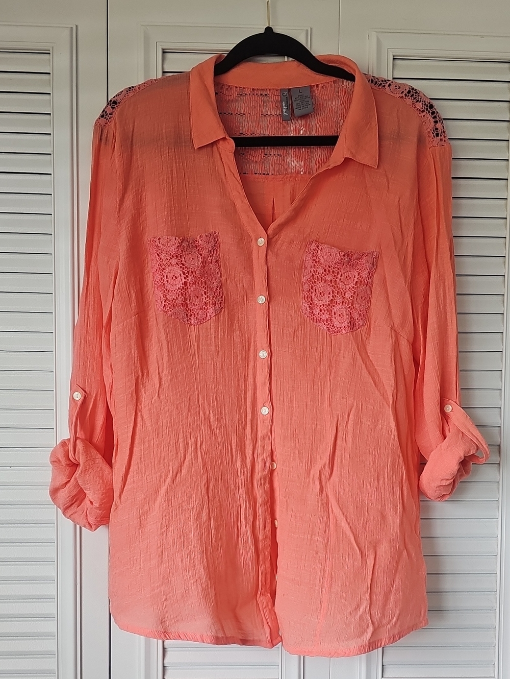 new directions Coral Button-Down Blouse with Lace Pockets